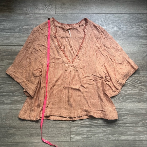 Free People Peach Metallic Deep V Neck Short Sleeve Peasant Top Size XS Autumn - Picture 2 of 6